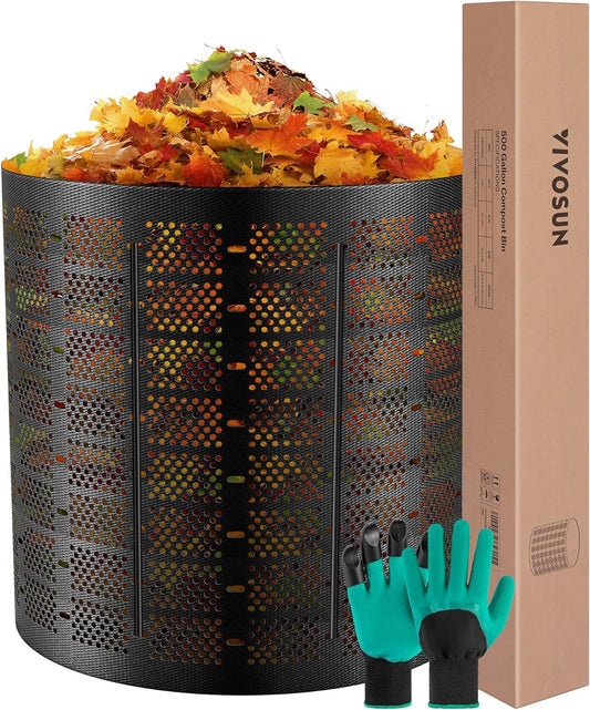 500 Gallon Expandable Outdoor Compost Bin - Easy Setup, Large Capacity (Black with Gloves) - Nourishment Tapestry