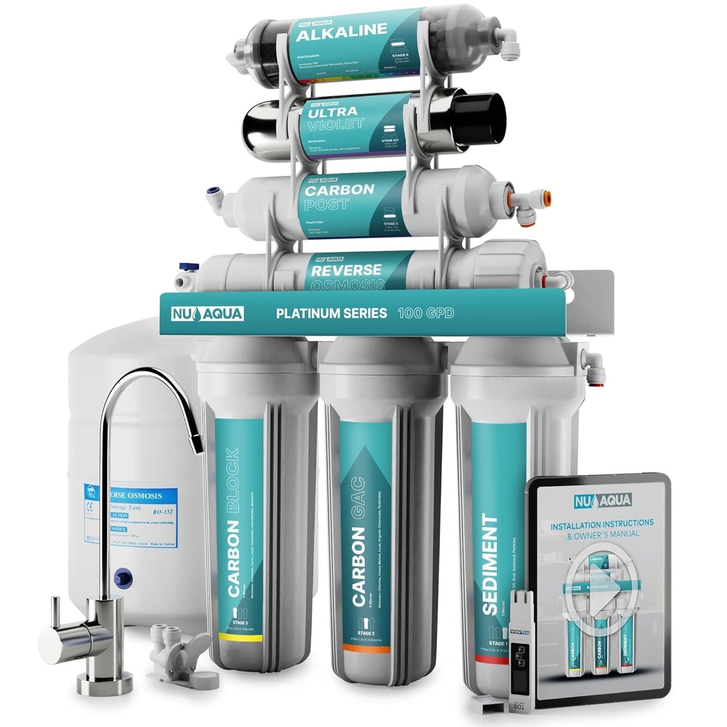 7 - Stage UV & Alkaline Reverse Osmosis Water Filter System - 100 GPD Filtration & Remineralization - Faucet & Tank - PPM Meter - Undersink Purifier - Nourishment Tapestry