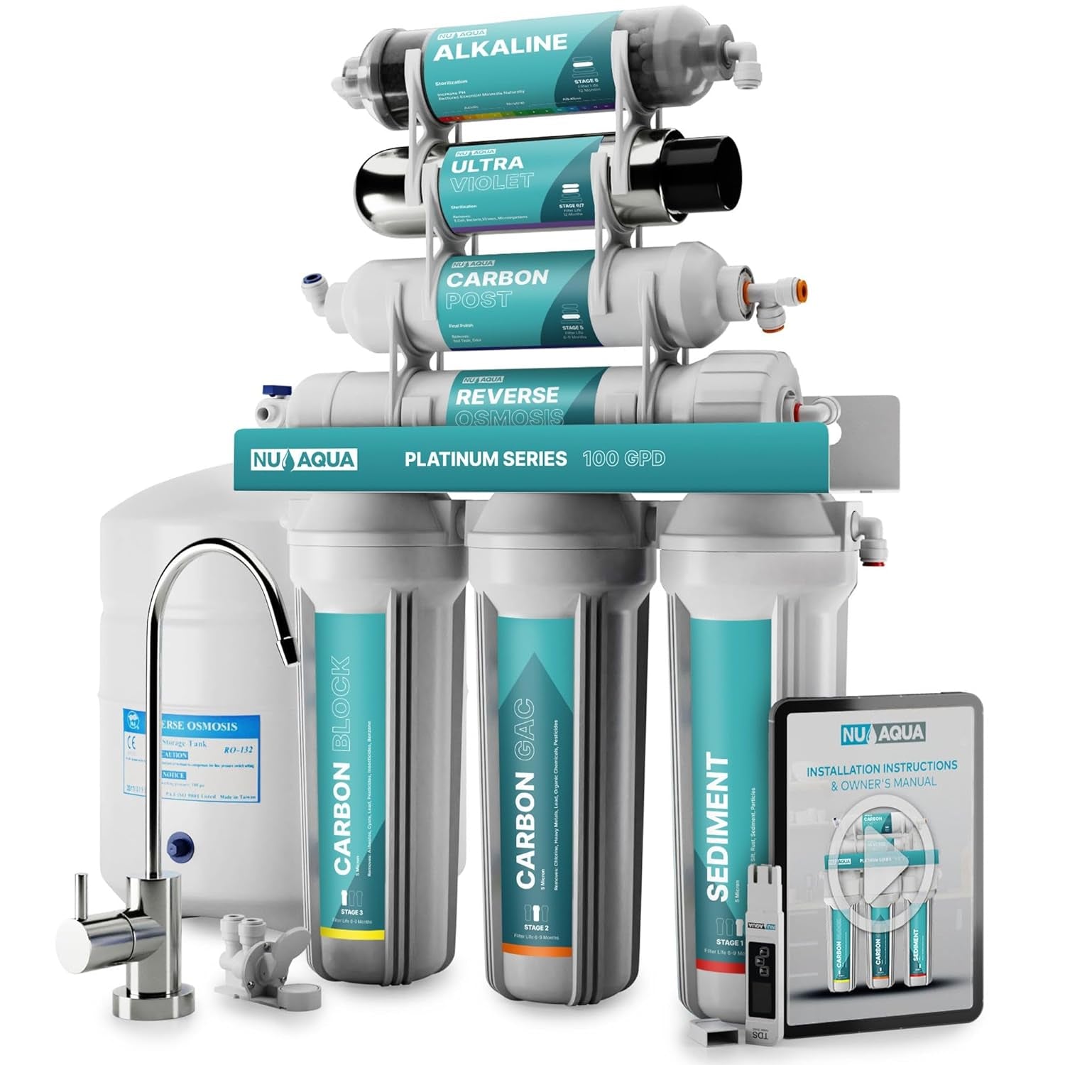 7 - Stage UV & Alkaline Reverse Osmosis Water Filter System - 100 GPD Filtration & Remineralization - Faucet & Tank - PPM Meter - Undersink Purifier - Nourishment Tapestry
