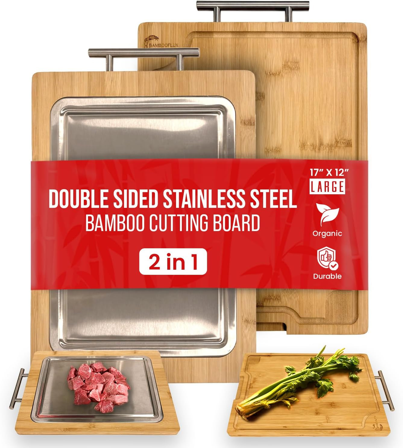 Large Bamboo Cutting Board with Handle, Double Sided Stainless Steel Cutting Boards for Kitchen with Juice Groove, Durable Wooden Cutting Board, Metal Cutting Boards for Kitchen, Charcuterie Board