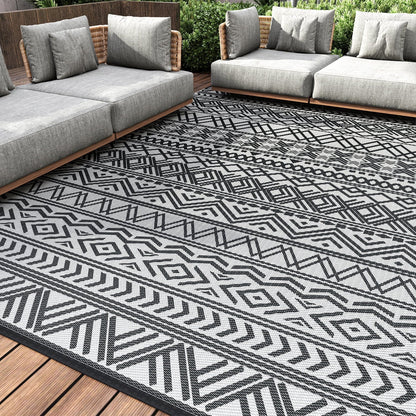 Boho Reversible Outdoor Rug 5x8: Waterproof Grey/White Patio Mat for RV, Camping, Deck - Nourishment Tapestry