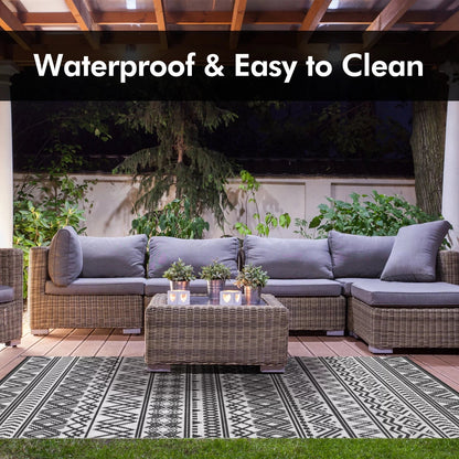 Boho Reversible Outdoor Rug 5x8: Waterproof Grey/White Patio Mat for RV, Camping, Deck - Nourishment Tapestry