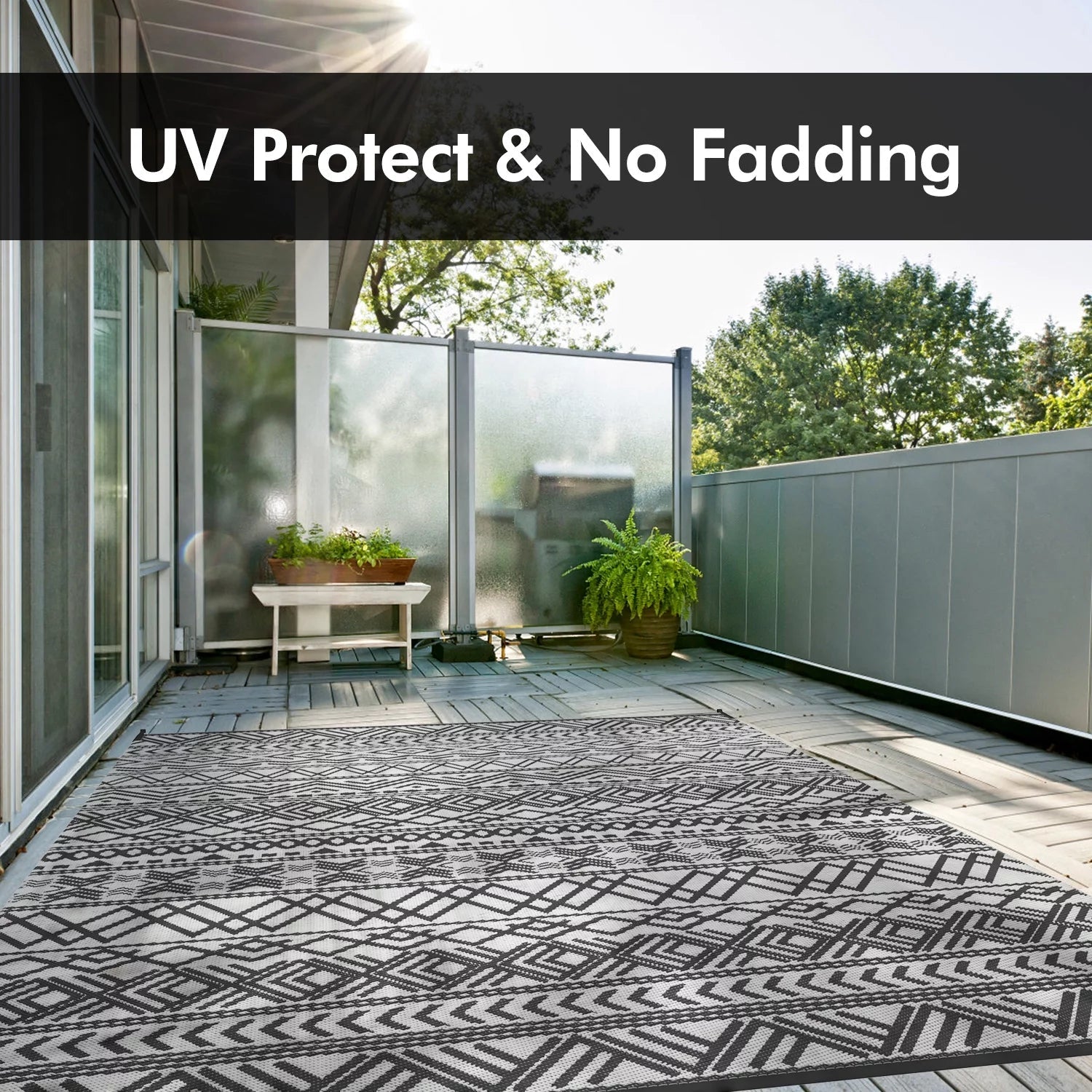 Boho Reversible Outdoor Rug 5x8: Waterproof Grey/White Patio Mat for RV, Camping, Deck - Nourishment Tapestry