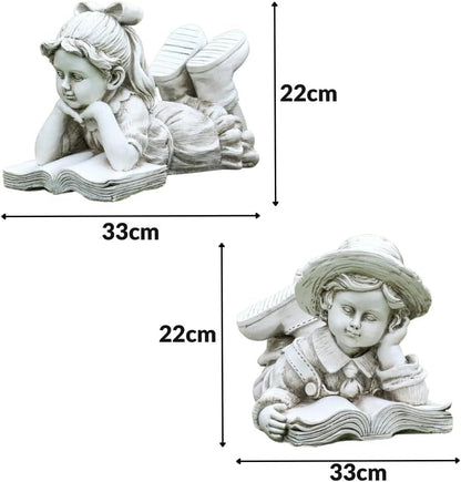 Charming Vintage Garden Statues: Boy & Girl Reading Duo - Outdoor Decor for Enchanting Landscapes - Nourishment Tapestry
