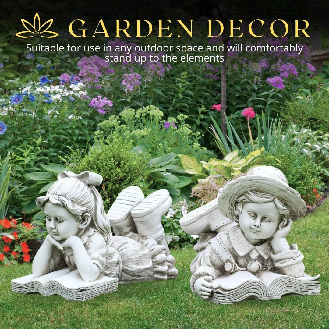 Charming Vintage Garden Statues: Boy & Girl Reading Duo - Outdoor Decor for Enchanting Landscapes - Nourishment Tapestry