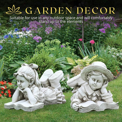 Charming Vintage Garden Statues: Boy & Girl Reading Duo - Outdoor Decor for Enchanting Landscapes - Nourishment Tapestry
