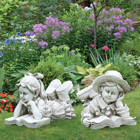 Charming Vintage Garden Statues: Boy & Girl Reading Duo - Outdoor Decor for Enchanting Landscapes - Nourishment Tapestry