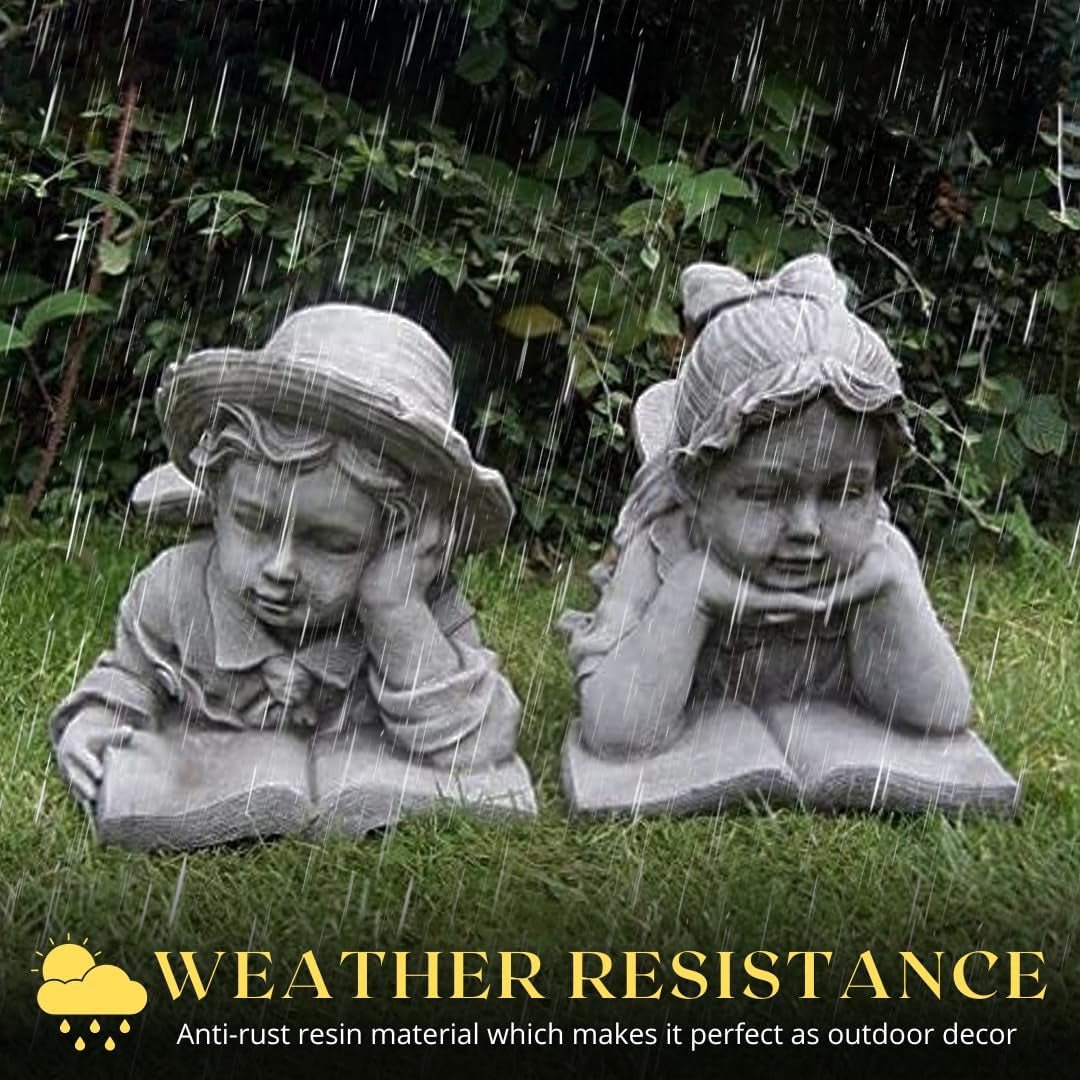 Charming Vintage Garden Statues: Boy & Girl Reading Duo - Outdoor Decor for Enchanting Landscapes - Nourishment Tapestry