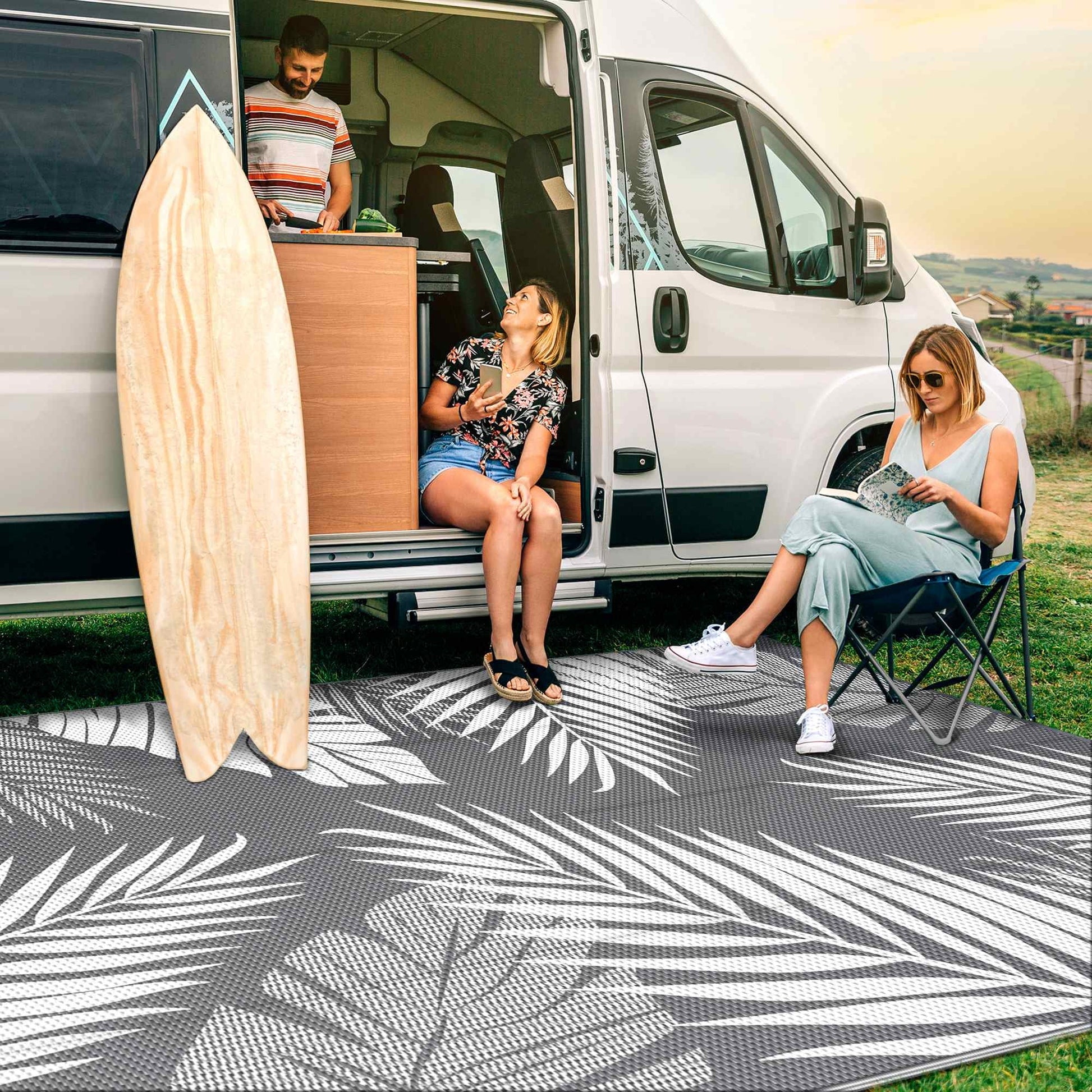 Clearance: 6x9 Gray & White Waterproof Outdoor Rug - Versatile Patio, RV, Camper Decor - On Sale Now! - Nourishment Tapestry
