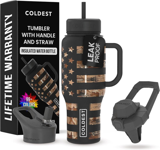 Coldest 40 Oz Tumbler with Handle and Straw, 100% Leak Proof Insulated Tumbler with Lid and Straw (3 Lids), Stainless Steel Tumblers for Women & Men, Cup Holder Friendly, 36 Oz (Camouflage Flag) - Nourishing Tapestry
