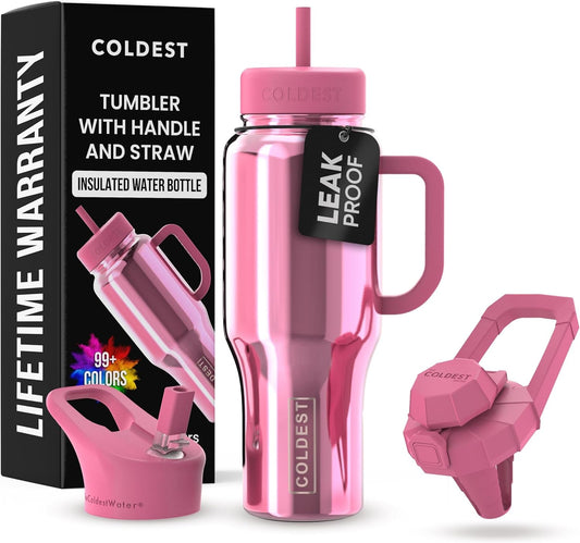 Coldest Tumbler with Handle and Straw - 100% Spill Proof Tumbler with Straw (3 Lids) - Stainless Steel Insulated Leakproof Tumblers for Women & Men - 36 Oz (Pink Reflections) - Nourishing Tapestry