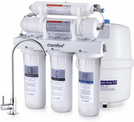 COMFEE 5 - Stage NSF Certified Reverse Osmosis Water Filter - Easy Installation, Ultra Safe Filtration, Leak - Free & Quiet Operation - 75 GPD - Nourishment Tapestry