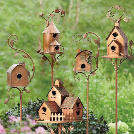Copper Cottage Bird House with Pole: Elegant Outdoor Feeder for Garden, Patio & Backyard - Shop Now - Nourishment Tapestry