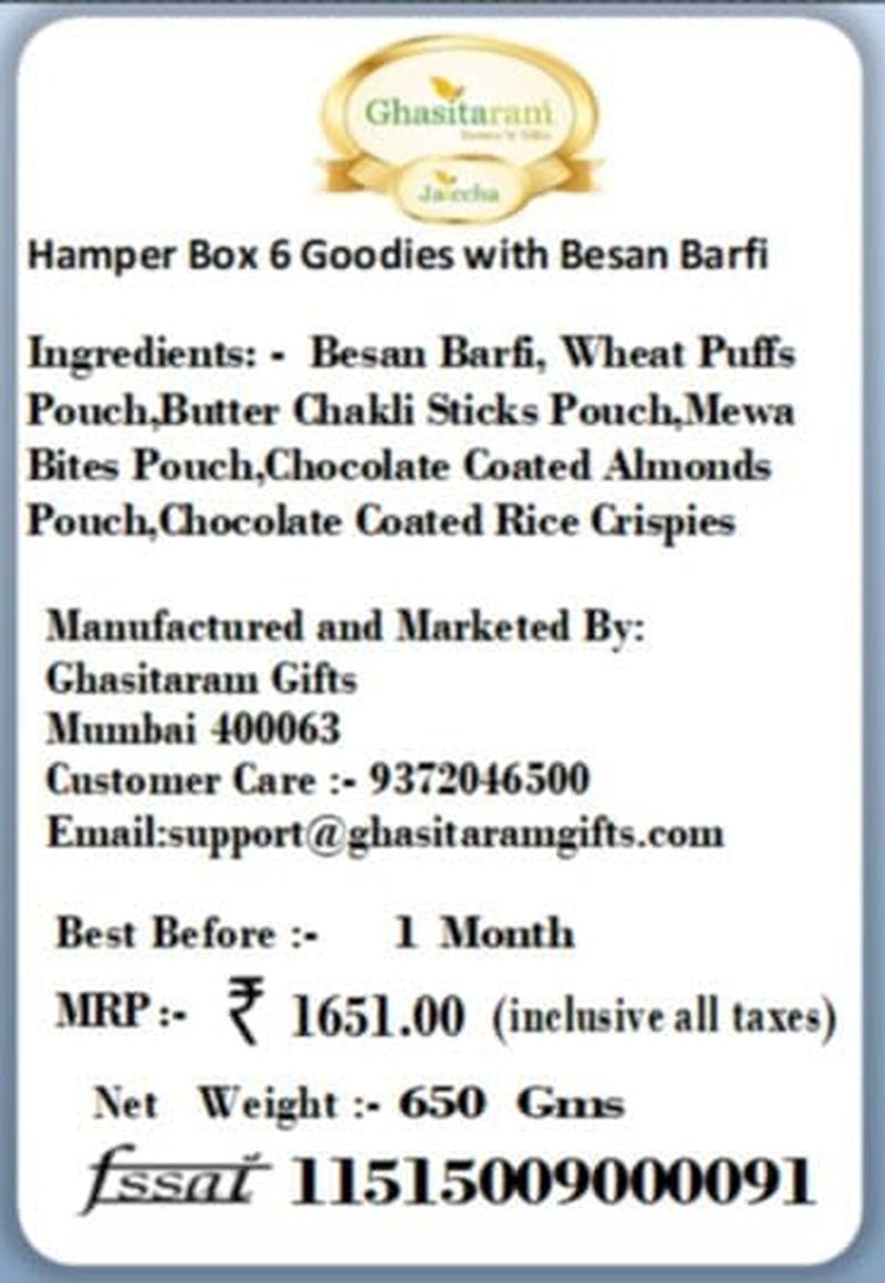 Deluxe Rakhi Gift Box: 6 Gourmet Treats, Besan Barfi, 2 Pearl Rakhis - Nourishment Tapestry