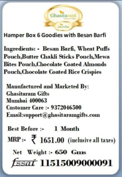 Deluxe Rakhi Gift Box: 6 Gourmet Treats, Besan Barfi, 2 Pearl Rakhis - Nourishment Tapestry