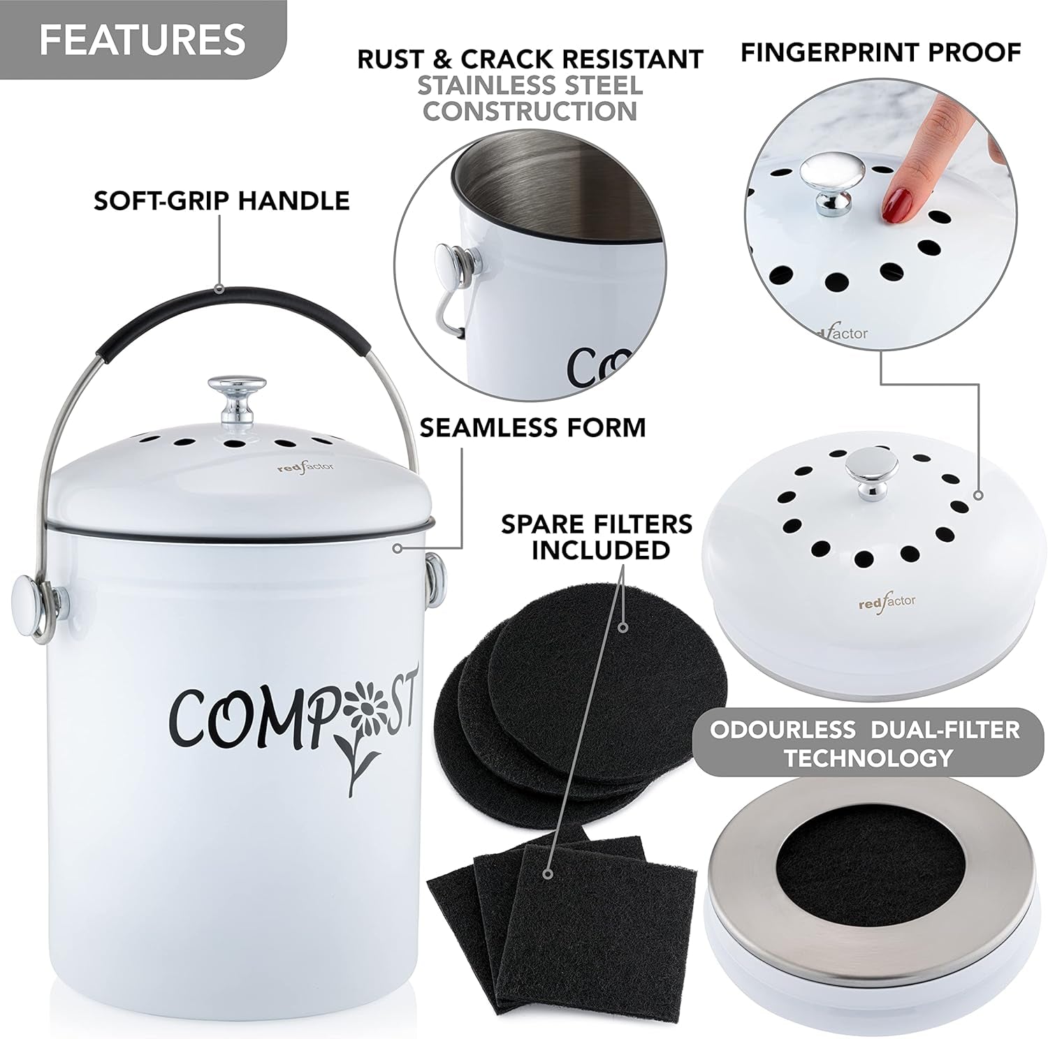 Deluxe Stainless Steel Compost Bin for Kitchen - Dual Filter Technology - 5L Capacity - Includes Replacement Filters - Nourishment Tapestry