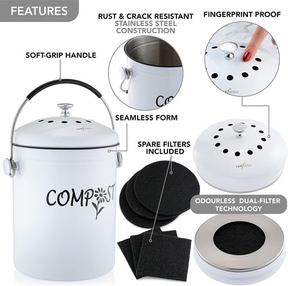 Deluxe Stainless Steel Compost Bin for Kitchen - Dual Filter Technology - 5L Capacity - Includes Replacement Filters - Nourishment Tapestry