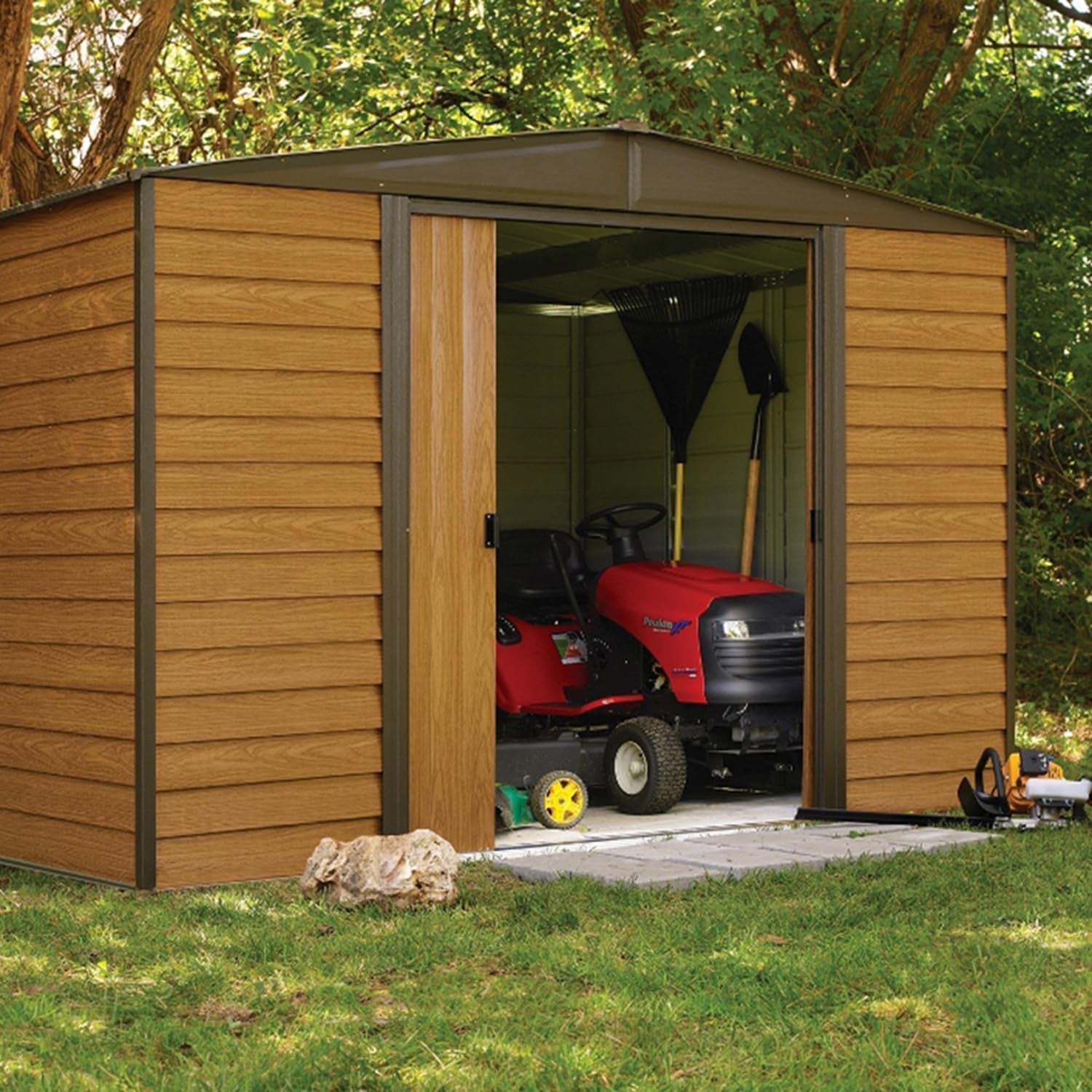 Durable 8x6 Ft Steel Storage Shed: Stylish Coffee/Woodgrain Design - Nourishment Tapestry
