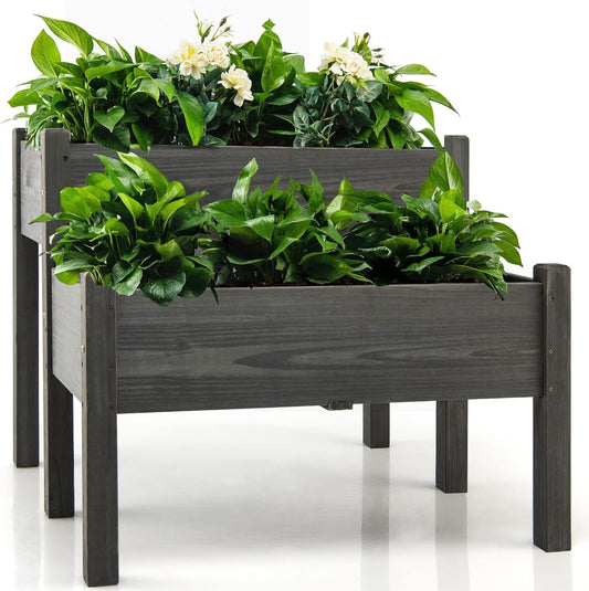 Durable Fir Wood 2 - Tier Raised Garden Bed: Large Capacity Elevated Planter Box for Outdoor Gardening (Gray) - Nourishing Tapestry
