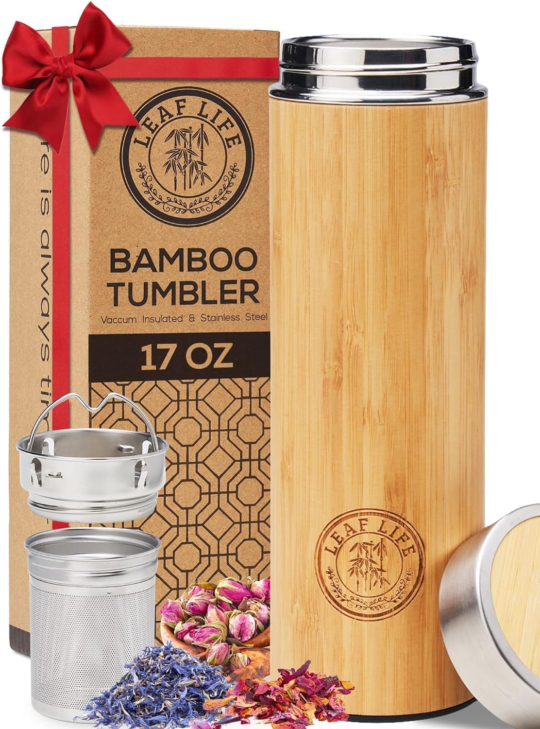 Eco - Friendly 17oz Bamboo Tea Thermos with Infuser: Brew Fresh Loose Leaf Tea On - The - Go - Nourishment Tapestry