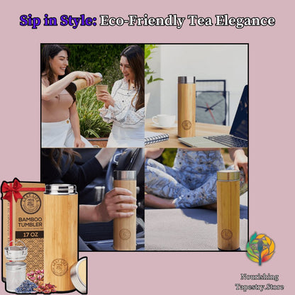 Eco - Friendly 17oz Bamboo Tea Thermos with Infuser: Brew Fresh Loose Leaf Tea On - The - Go - Nourishment Tapestry