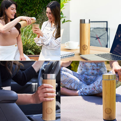 Eco - Friendly 17oz Bamboo Tea Thermos with Infuser: Brew Fresh Loose Leaf Tea On - The - Go - Nourishment Tapestry