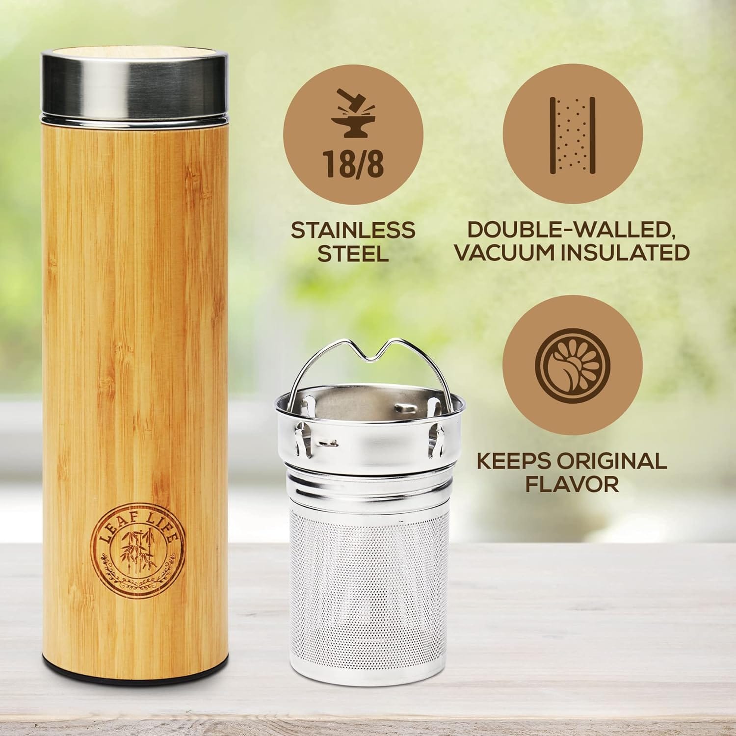 Eco - Friendly 17oz Bamboo Tea Thermos with Infuser: Brew Fresh Loose Leaf Tea On - The - Go - Nourishment Tapestry