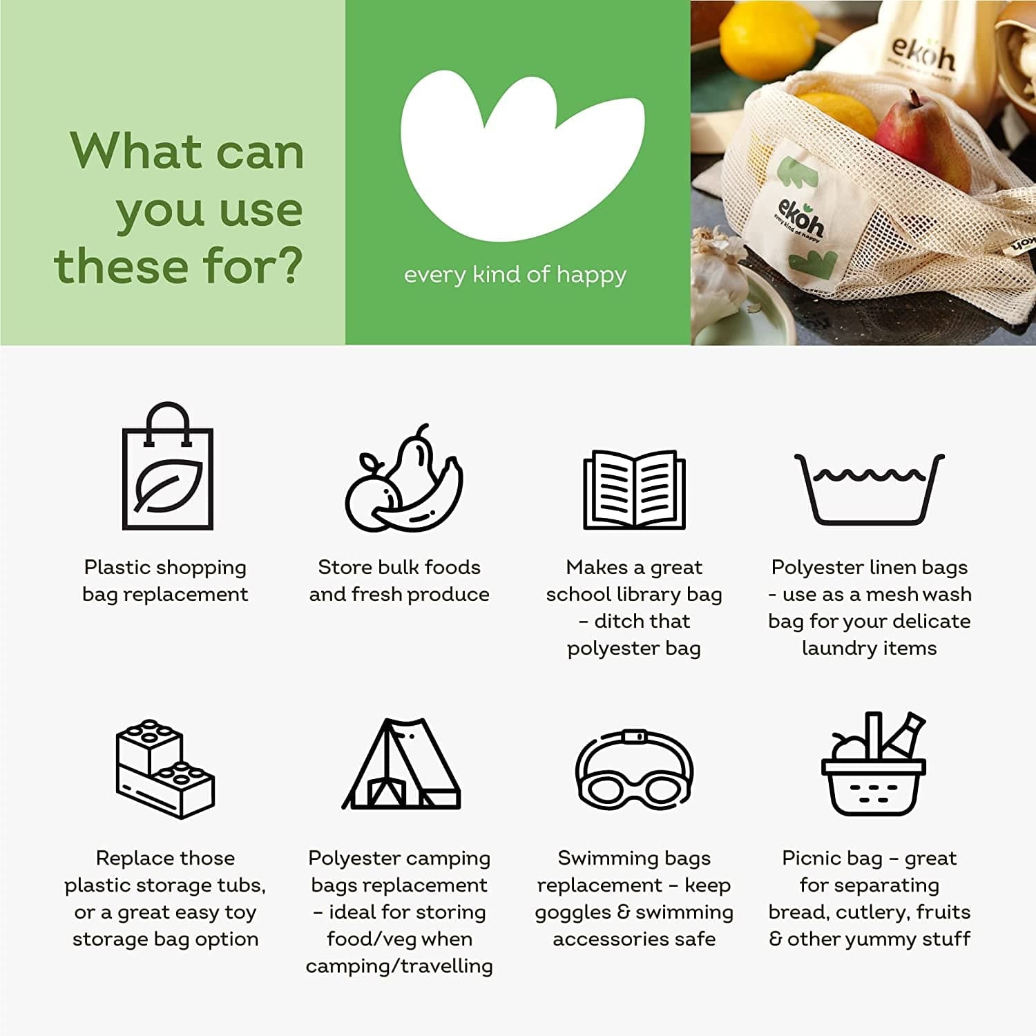 EKOH 9 - Pack Reusable Produce Bags: Eco - Friendly Mesh Grocery Storage - Nourishment Tapestry