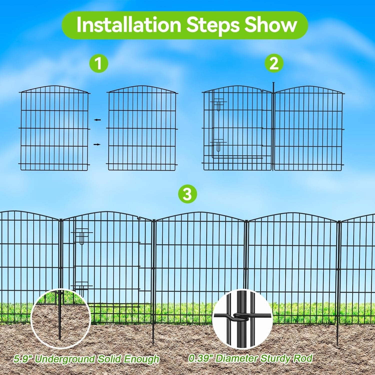 'Elegant 11.8ft Decorative Garden Fence: 5 Panels + Gate, Black Rustproof Wire Barrier for Backyard, Patio - No - Dig Installation' - Nourishment Tapestry