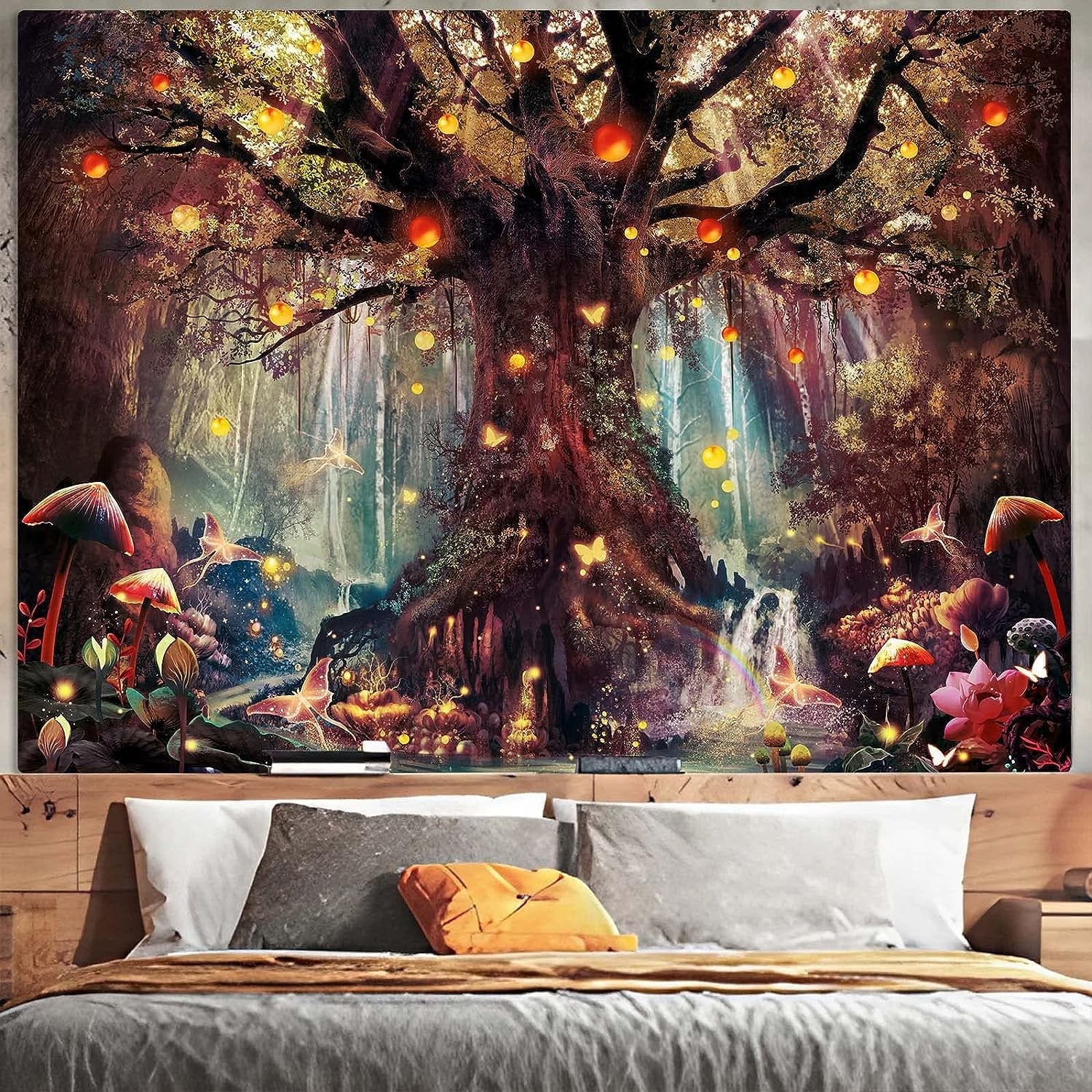 Enchanted Forest Fairy Tapestry - Magical Tree of Life Wall Hanging with Mushroom, Butterfly, and Elves - Aesthetic Home Decor for Bedroom and Living Room - Nourishment Tapestry