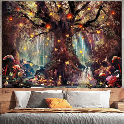 Enchanted Forest Fairy Tapestry - Magical Tree of Life Wall Hanging with Mushroom, Butterfly, and Elves - Aesthetic Home Decor for Bedroom and Living Room - Nourishment Tapestry