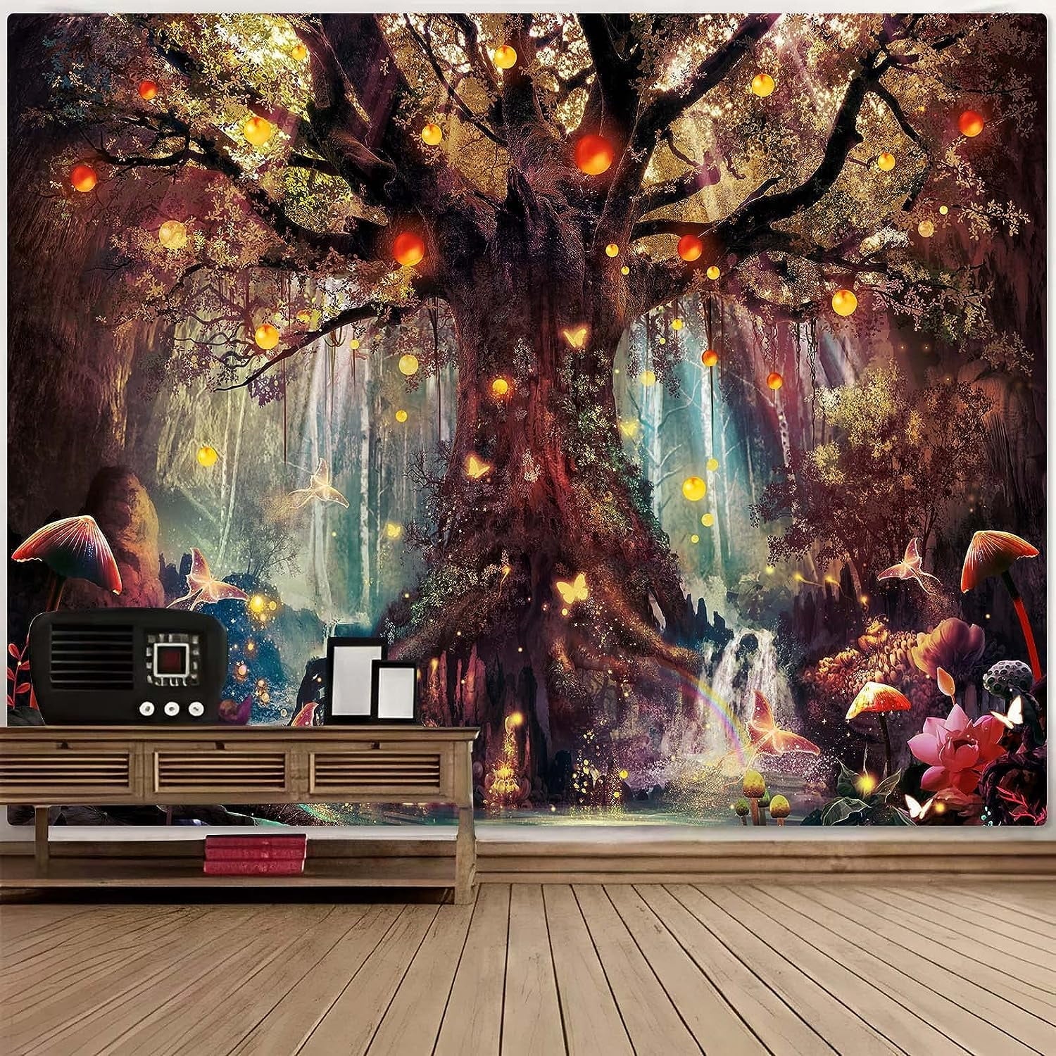 Enchanted Forest Fairy Tapestry - Magical Tree of Life Wall Hanging with Mushroom, Butterfly, and Elves - Aesthetic Home Decor for Bedroom and Living Room - Nourishment Tapestry