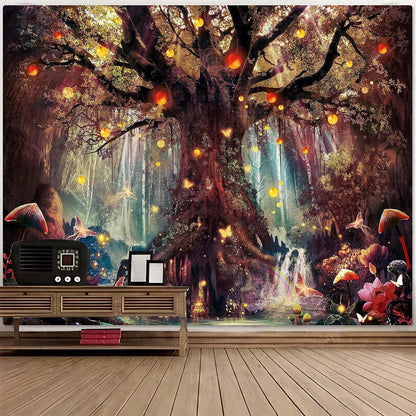 Enchanted Forest Fairy Tapestry - Magical Tree of Life Wall Hanging with Mushroom, Butterfly, and Elves - Aesthetic Home Decor for Bedroom and Living Room - Nourishment Tapestry