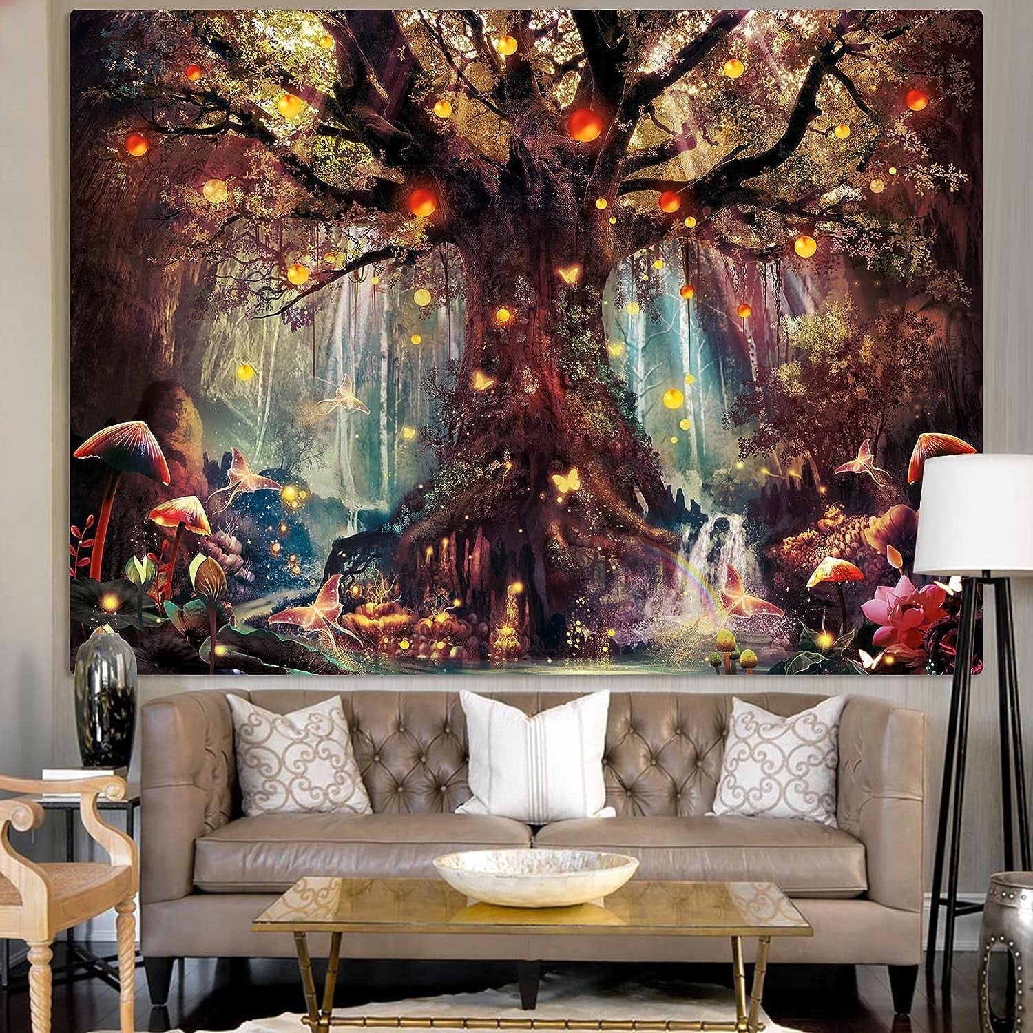 Enchanted Forest Fairy Tapestry - Magical Tree of Life Wall Hanging with Mushroom, Butterfly, and Elves - Aesthetic Home Decor for Bedroom and Living Room - Nourishment Tapestry