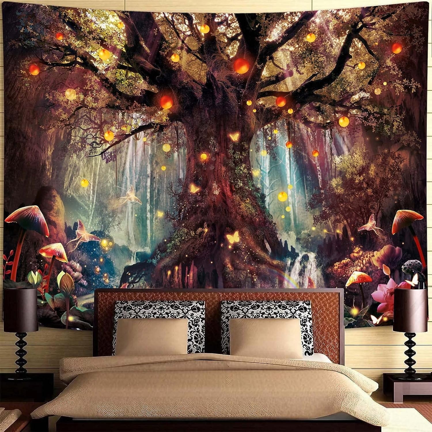 Enchanted Forest Fairy Tapestry - Magical Tree of Life Wall Hanging with Mushroom, Butterfly, and Elves - Aesthetic Home Decor for Bedroom and Living Room - Nourishment Tapestry