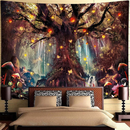 Enchanted Forest Fairy Tapestry - Magical Tree of Life Wall Hanging with Mushroom, Butterfly, and Elves - Aesthetic Home Decor for Bedroom and Living Room - Nourishment Tapestry