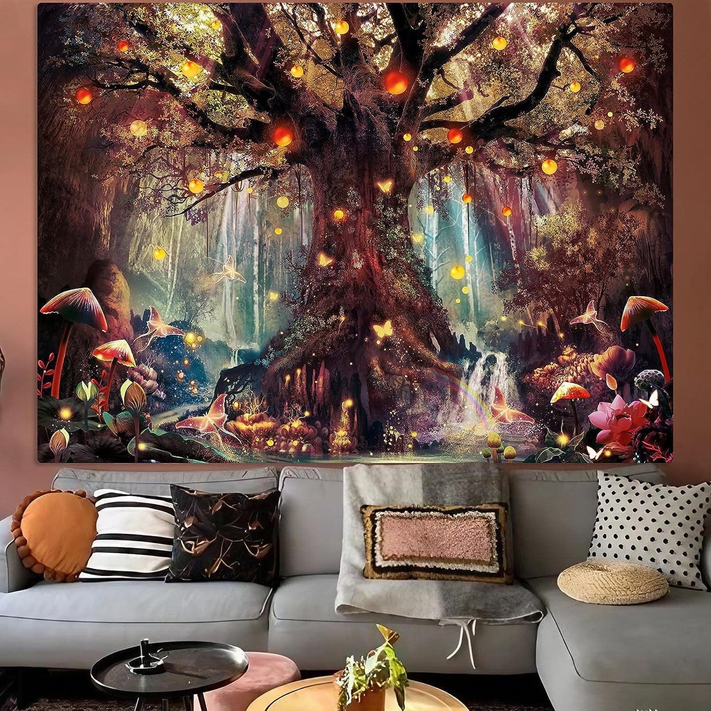 Enchanted Forest Fairy Tapestry - Magical Tree of Life Wall Hanging with Mushroom, Butterfly, and Elves - Aesthetic Home Decor for Bedroom and Living Room - Nourishment Tapestry