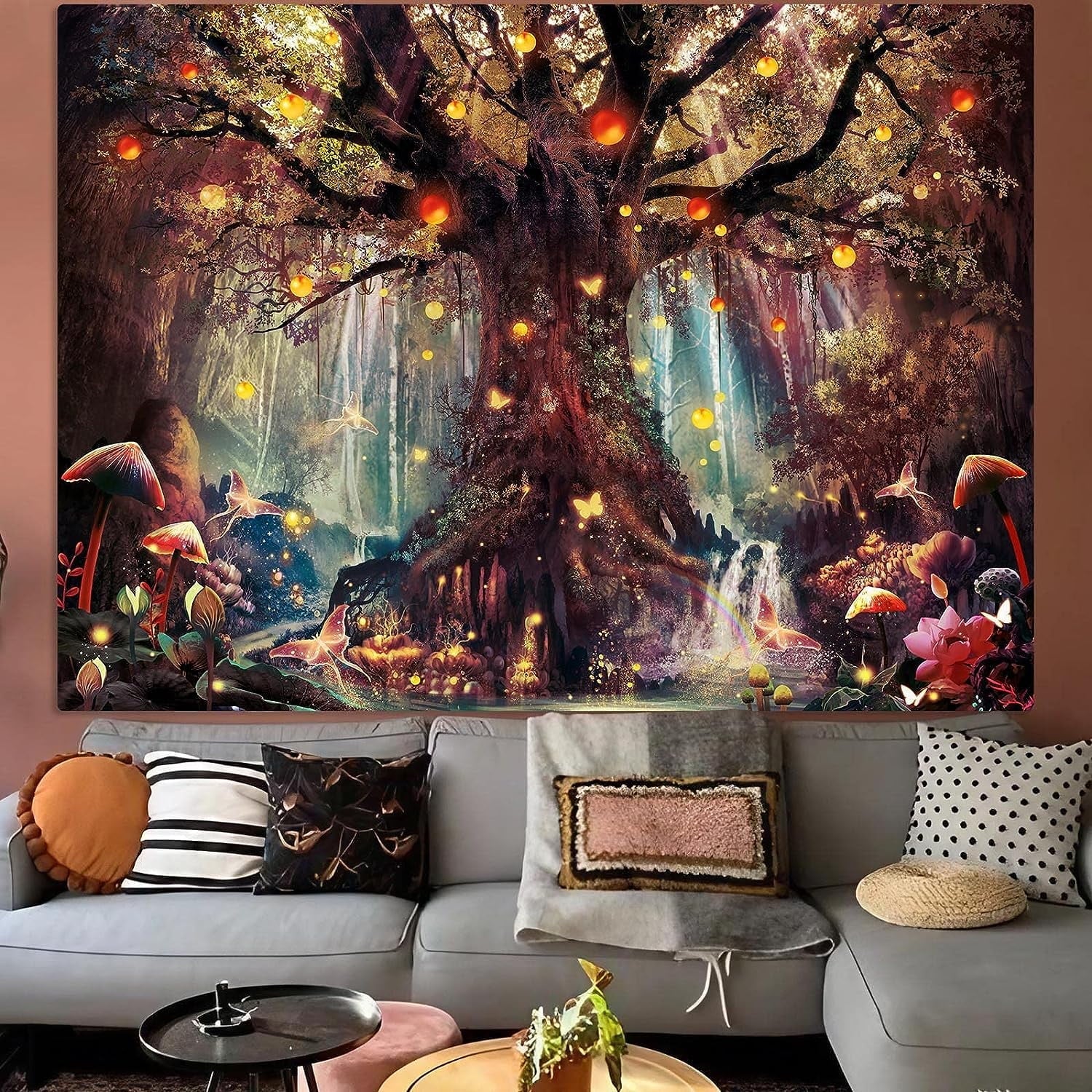 Enchanted Forest Fairy Tapestry - Magical Tree of Life Wall Hanging with Mushroom, Butterfly, and Elves - Aesthetic Home Decor for Bedroom and Living Room - Nourishment Tapestry