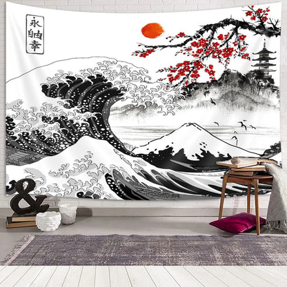 "Japanese Cherry Blossom Mount Red Sun Tapestry - Large Wall Decor for Bedroom and Living Room - Shop Now!" - Nourishment Tapestry