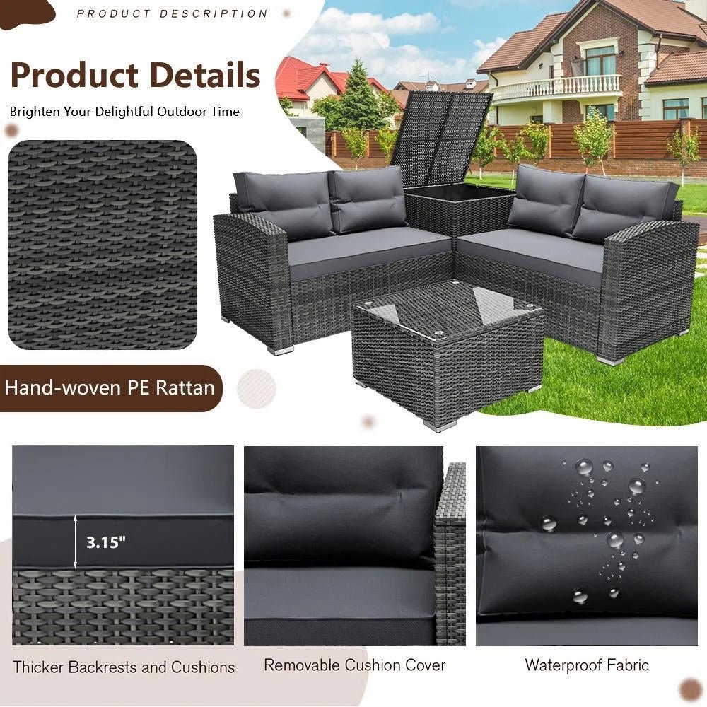 Luxurious 4 - Piece Rattan Patio Set: All - Weather Outdoor Sofa, Cushions, Table & Storage - Ultimate Outdoor Comfort Set - Nourishment Tapestry