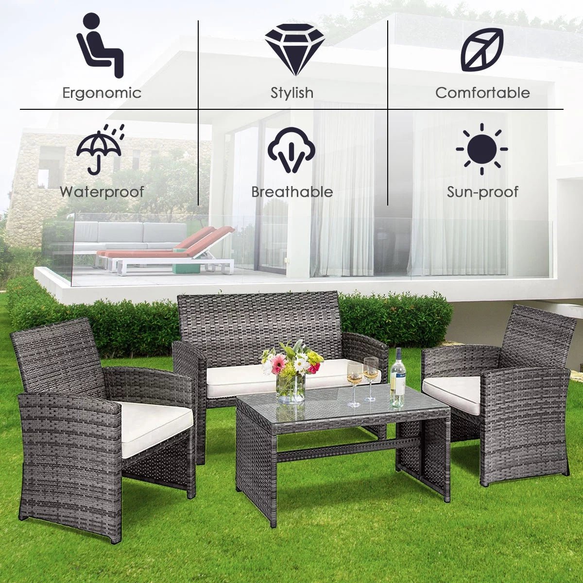 Luxurious 4 - Piece Rattan Patio Set: Beige Cushioned Sofa & Glass Table for Outdoor Oasis - Shop Now - Nourishment Tapestry