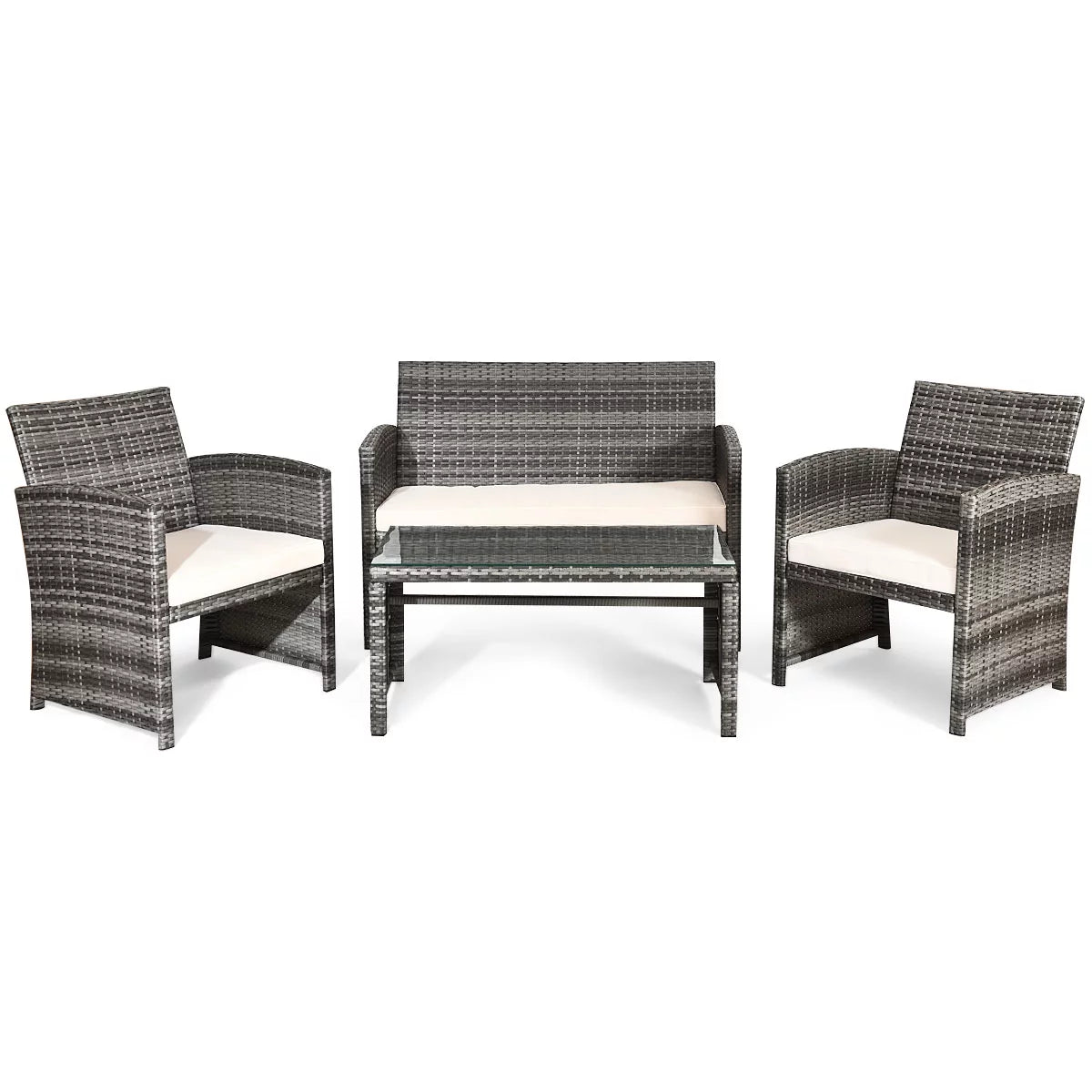 Luxurious 4 - Piece Rattan Patio Set: Beige Cushioned Sofa & Glass Table for Outdoor Oasis - Shop Now - Nourishment Tapestry