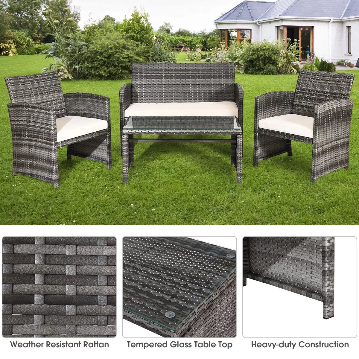 Luxurious 4 - Piece Rattan Patio Set: Beige Cushioned Sofa & Glass Table for Outdoor Oasis - Shop Now - Nourishment Tapestry