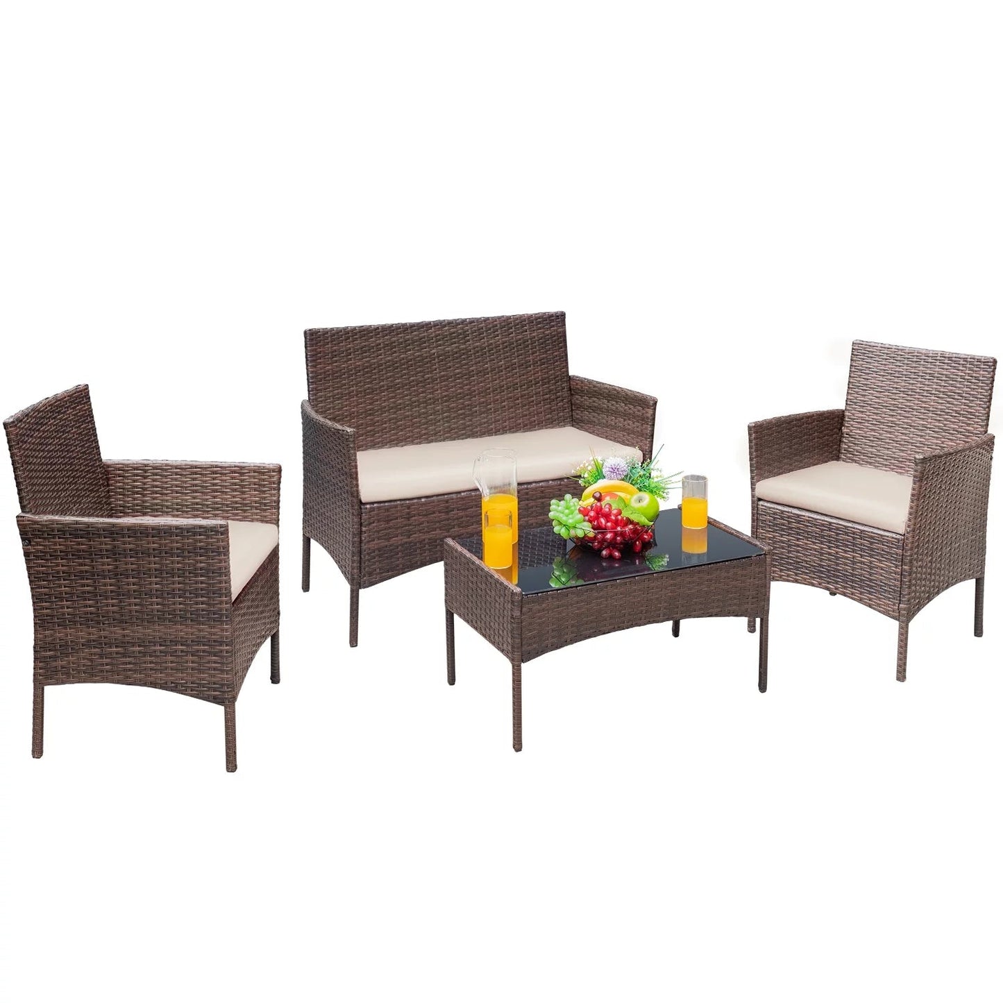 Luxurious 4 - Piece Rattan Patio Set with Cushioned Comfort and Elegant Glass Table - Nourishment Tapestry