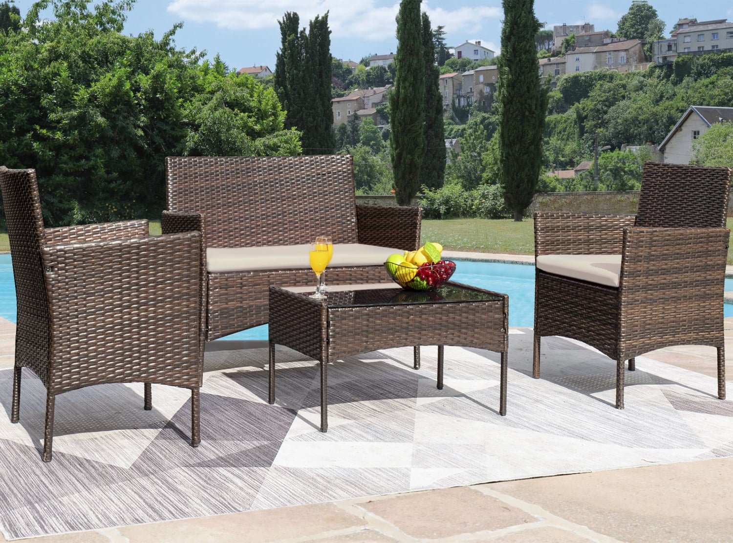 Luxurious 4 - Piece Rattan Patio Set with Cushioned Comfort and Elegant Glass Table - Nourishment Tapestry
