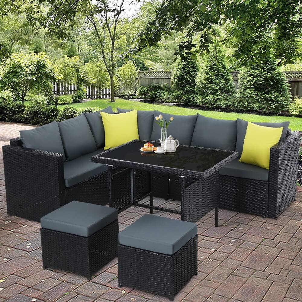 Luxurious 8 - Seater Rattan Wicker Patio Set with Cushions & Ottoman: Weather - Resistant Dining Furniture - Nourishment Tapestry