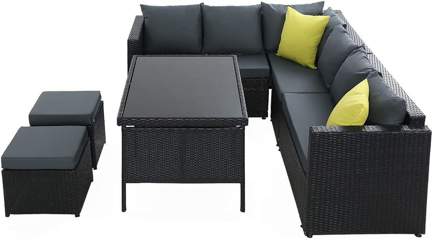 Luxurious 8 - Seater Rattan Wicker Patio Set with Cushions & Ottoman: Weather - Resistant Dining Furniture - Nourishment Tapestry