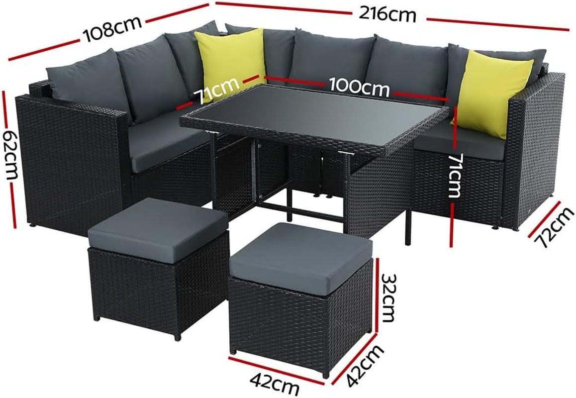 Luxurious 8 - Seater Rattan Wicker Patio Set with Cushions & Ottoman: Weather - Resistant Dining Furniture - Nourishment Tapestry