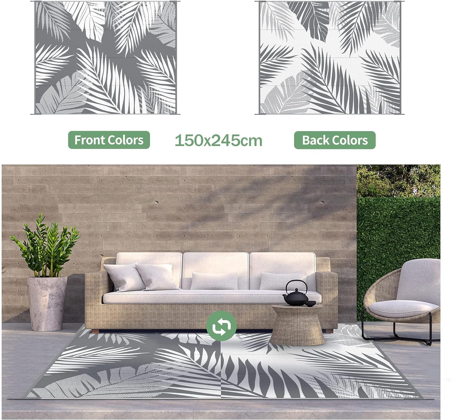 Luxurious XL Palm Leaf Outdoor Rug: Waterproof, Reversible 150x245cm Mat for Patio, RV & Beach - Stylish and Durable Outdoor Mat - Nourishment Tapestry