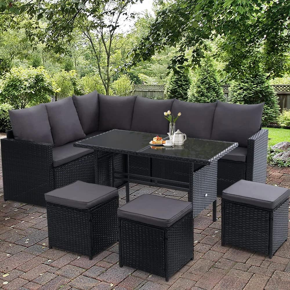 Luxury 9 - Seater Rattan Patio Set with Ottoman: Weather - Resistant Wicker Lounge - Nourishment Tapestry
